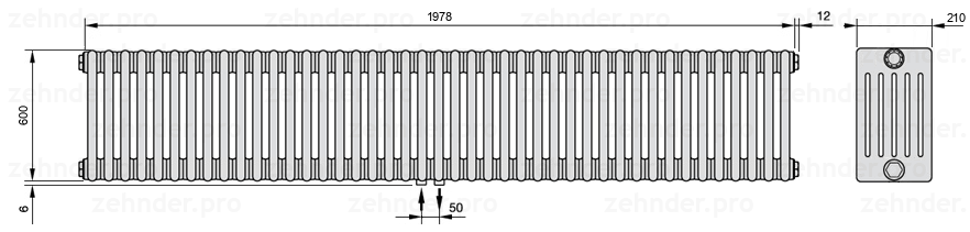 Схема (чертеж) Радиатор Zehnder Charleston 6060/43 №3470 Белый глянцевый RAL 9016
